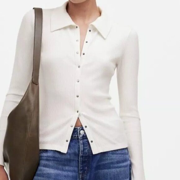 Madewell Women's Size Small Ribbed Snap Blouse White Collared New - Picture 1 of 7